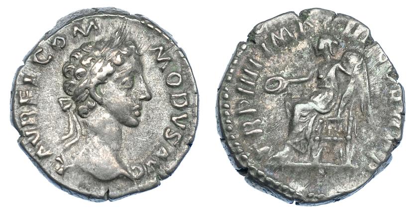 3056   -  CÓMODO. Denario. Roma (179). R/  Victoria sentada a izq. con pátera y palma; TR P IIII IMP III COS II P P. RIC-666. MBC-.