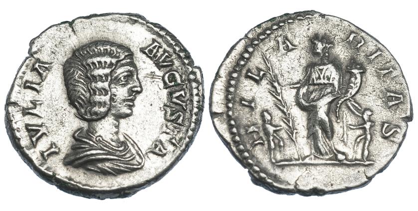 3058   -  JULIA DOMNA. Denario. Roma (196-211). R/ Hilaritas a izq. con palma y cornucopia flanqueada por dos niños; HILARITAS. RIC-557. Rayitas. MBC.