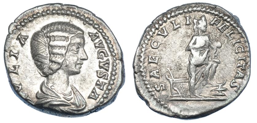 3059   -  JULIA DOMNA. Denario. Roma (196-211). R/ Isis a der. con pie sobre proa, detrás altar y timón; SAECVLI FELICITAS. RIC-577. MBC/MBC-.