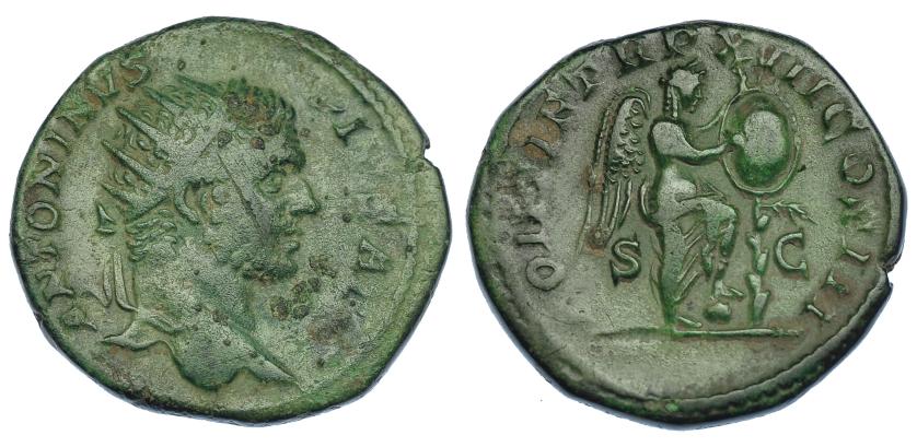 3062   -  CARACALLA. Dupondio. Roma (210 d.C.). R/ Victoria a der. escribiendo en escudo sobre tronco de palmera; PONTIF TR P XIII COS III, S-C. RIC-455. Pequeñas marcas. Pátina verde. BC+/MBC-.