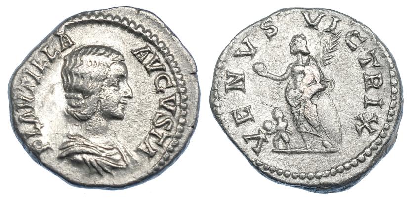 3063   -  PLAUTILA. Denario. Roma (202-205). R/ Venus a izq. con manzana y palma, delante Cupido; VENVS VICTRIX. RIC-369. MBC-/MBC.