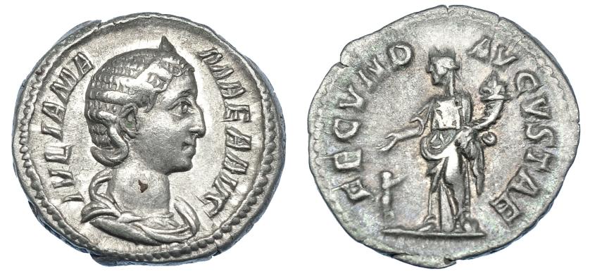 3068   -  JULIA MAMEA. Denario. Roma (222-235). R/ Fecunditas a izq. con pátera y cornucopia.; FECVND-AVGVSTAE. RIC-331. MBC.