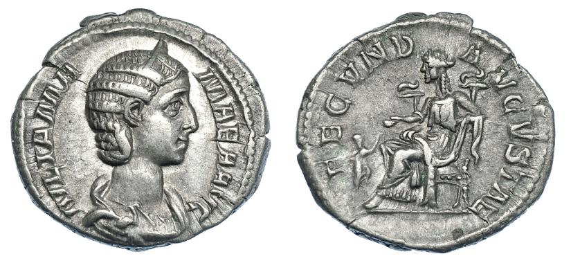 3069   -  JULIA MAMEA. Denario. Roma (222-235). R/ Fecunditas sentada a izq., delante niño; FECVND-AVGVSTAE. RIC-332. Fina grieta. MBC+.