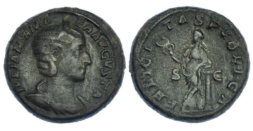 3071   -  JULIA MAMEA. As. Roma (222-235). R/ Felicitas con caduceo apoyada en columna; FELICITAS PVBLICA, S-C. RIC-677. Pátina verde oscuro. MBC-.