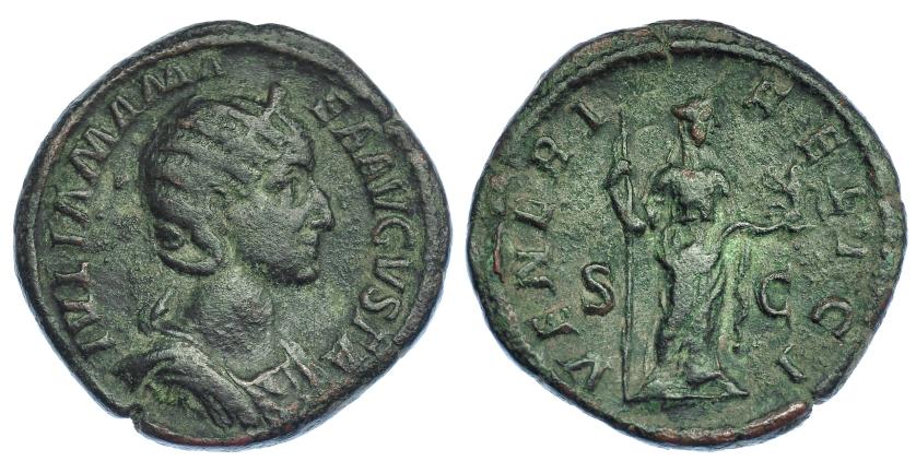 3072   -  JULIA MAMEA. Sestercio. Roma (222-235). R/ Venus a der. con cetro y Cupido; VENERI FELICI, S-C. RIC-694. Pátina verde oscuro. BC+/MBC-.