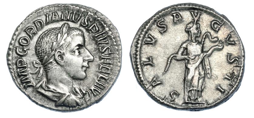 3076   -  GORDIANO III. Denario. Roma (241). R/ Salus a der. alimentando serpiente entre sus brazos; SALVS AVGVSTI. RIC-129a. MBC.