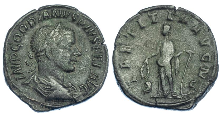 3078   -  GORDIANO III. Sestercio. Roma (241-244). R/ Laetitia a izq. con corona y ancla; LAETITIA AVG N, S-C. RIC-300. Pátina oscura. MBC-.