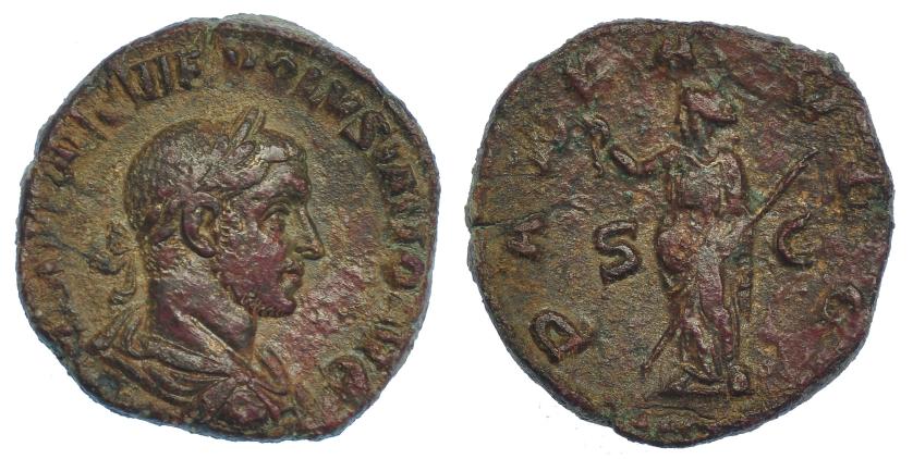 3086   -  VOLUSIANO. Sestercio. Roma (251-253). R/ Pax a izq. con rama y cetro; PAX (AV)G, S-C. RIC-256a. Trazas de limpieza mecánica. MBC/MBC-. Escasa.