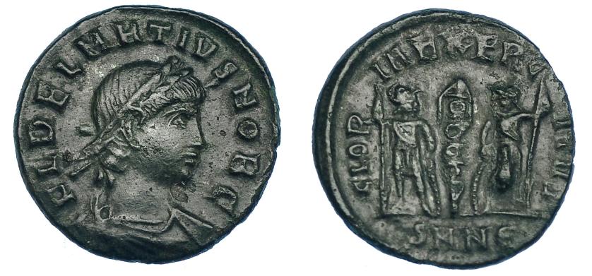 3103   -  DELMACIO. Follis. Nicomedia (336-7). R/ GLORIA EXERCITUS; exergo SMNE. RIC-204. Pátina verde. MBC.