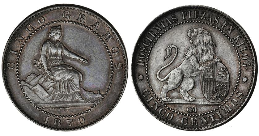 3119   -  5 céntimos. 1870. Barcelona OM. VII-3. EBC-. 