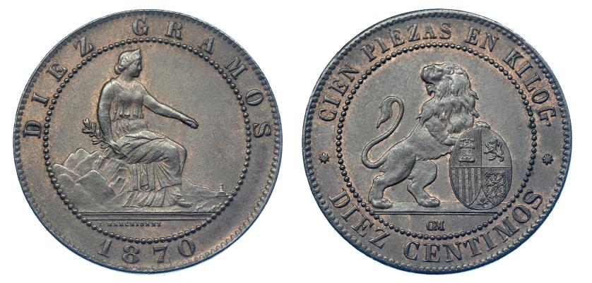 3120   -  10 céntimos. 1870. Barcelona. OM. VII-6. R.B.O. EBC-/EBC.