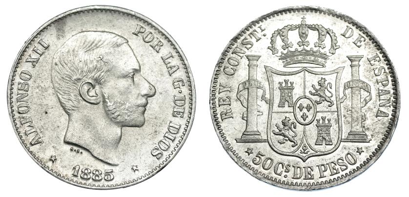 3127   -  50 centavos de peso. 1885. Manila. VII-80. B.O. EBC/SC.