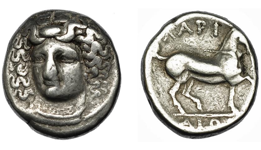 100   -  TESALIA. Larisa. Didracma (c. 395-344 a.C.). A/ Cabeza frontal de Larissa. R/ Caballo a der.; LARI-(S)AIWN. COP-119 ss. SBG-2119.  BC+/MBC-.