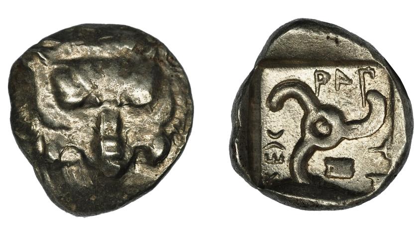 101   -  LICIA. Dinastas de Licia. Mithrapata. Dióbolo. (460-360 a.C.). A/ Cabeza de león de frente. R/ Trisquel dentro de cuadrado incuso. AR 1,35 g. 10,8 mm. COP-27 vte. MBC/EBC-.