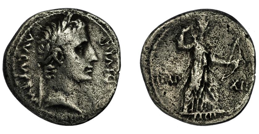 119   -  AUGUSTO. Denario. Lugdunum (11-10 a.C.). R/ Diana, avanzando a der. con arco y carcaj; IMP-XII, exergo SICIL. AR 3,55 g. 19,1 m. RIC-197a. FFC-130.  Superficies erosionadas. MBC-. Escasa.