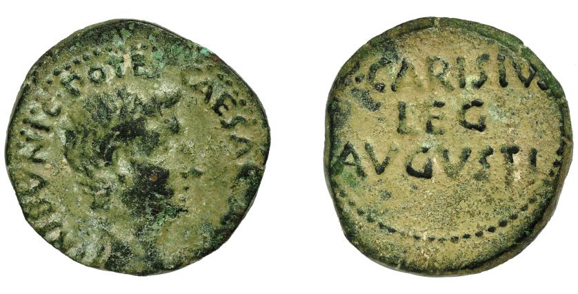 125   -  AUGUSTO. As de Publio Carisio. A/ Cabeza a der.; CAESAR AV(G) TRIBVNIC POTEST. R/ (P) CARISIVS/LEG/AVGVSTI. AE 11,13 g. 24,2 mm. RIC-19. Pátina verde terrosa. BC+.