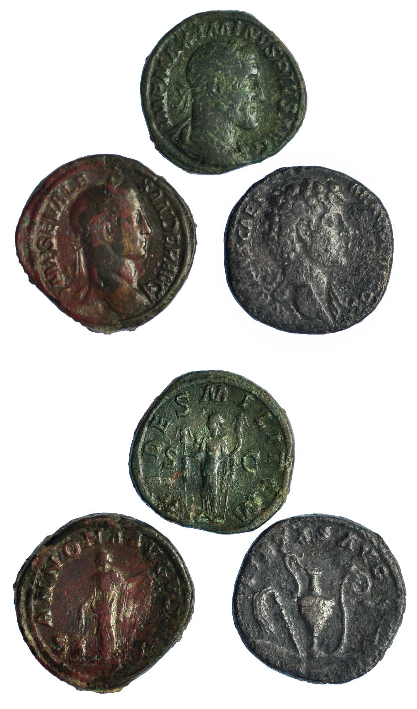 128   -  Lote de 3 sestercios: Marco Aurelio, Maximino I y Alejandro Severo. BC+.