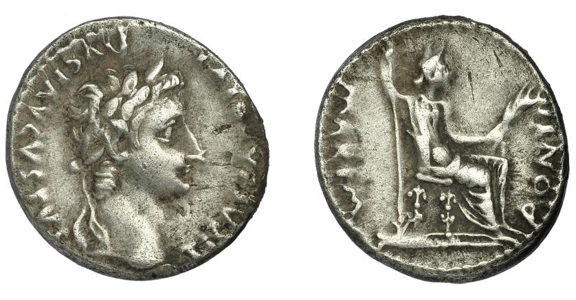 136   -  TIBERIO. Denario. Lugdunum (36-37 d.C.). R/ Livia entronizada a der. con cetro y espigas, patas del trono decoradas; PONTIF MAXIM. AR 3,80 g. 18 mm. RIC-30. MBC-.