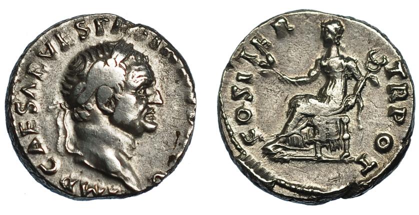145   -  VESPASIANO. Denario. Roma (70 d.C.). R/ Pax sentada a izq. con rama y caduceo; COS ITER TR POT. AR 3,36 g. 15,5 mm. RIC-29. MBC.
