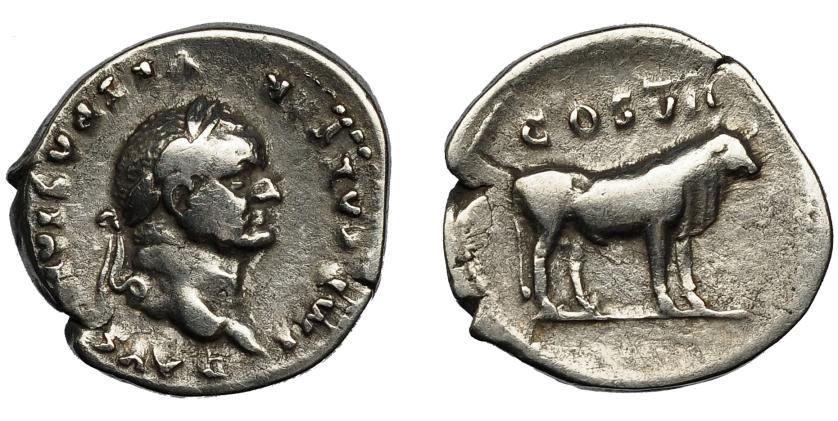 147   -  VESPASIANO. Denario. Roma (76 d.C.). R/ Toro a der; COS VII. RIC-96. AR 3,20 g. 18,7 mm. MBC-.