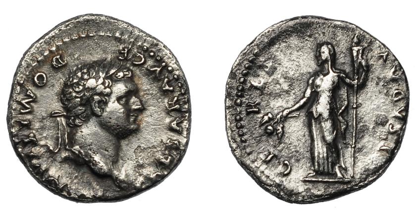 156   -  DOMICIANO. Denario. Roma. R/ Ceres a izq. Con espiga y antorcha; CERES AVGVST. AR 3,17 g. 17,8 mm. RIC-976. Hojitas. MBC/MBC-.