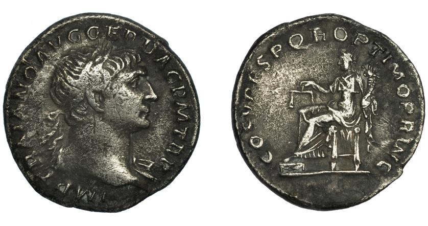 164   -  TRAJANO. Denario. Roma (103-111). R/ Aequitas sentada a izq. con balanza y cornucopia; COS V P P SPQR OPTIMO PRINC. AR 3,09 g. 18,5 mm. RIC-119. Porosidades. MBC-.