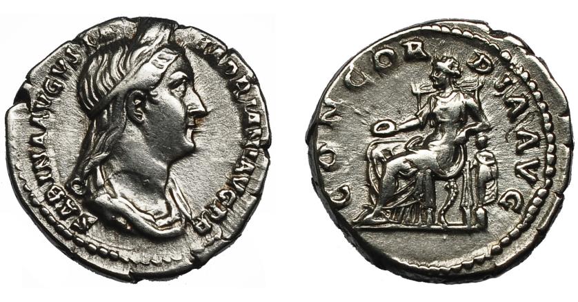 176   -  SABINA. Denario. Roma (130-133). R/ Concordia sentada a izq. con pátera y apoyada en Spes; CONCORDIA AVG. AR 3,24 g. 18 mm. RIC-2500. MBC/MBC+.