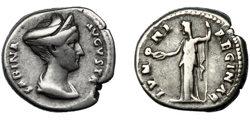 177   -  SABINA. Denario. Roma (130-135). R/ Juno a izq. con pátera y cetro;IVNONI REGINAE. AR 3,22 g. 16,3 mm. RIC-2250. Cospel abierto, MBC-.