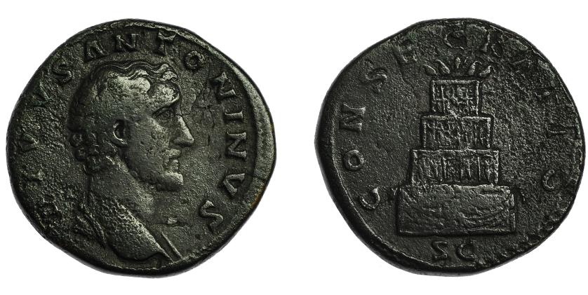 182   -  ANTONINO PÍO. Sestercio (acuñado bajo M. Aurelio y Lucio Vero). Roma (post. 161). R/ Pira funerario de cuatro pisos; CONSECRATIO SC. AE 23,97 g. 31,6 mm. RIC-1266. Porosidades. BC+.