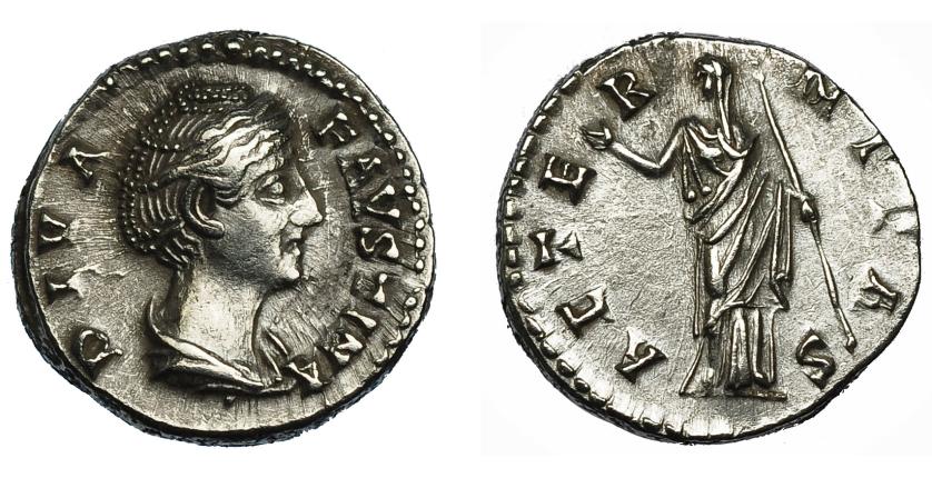 185   -  FAUSTINA LA MAYOR. Denario. Roma (141). R/ ¿Juno? mirando a izq. Con cetro; AETERNITAS. AR 3,46 g. 17,8 mm. RIC-344. Golpecito en anv. MBC+/EBC-.