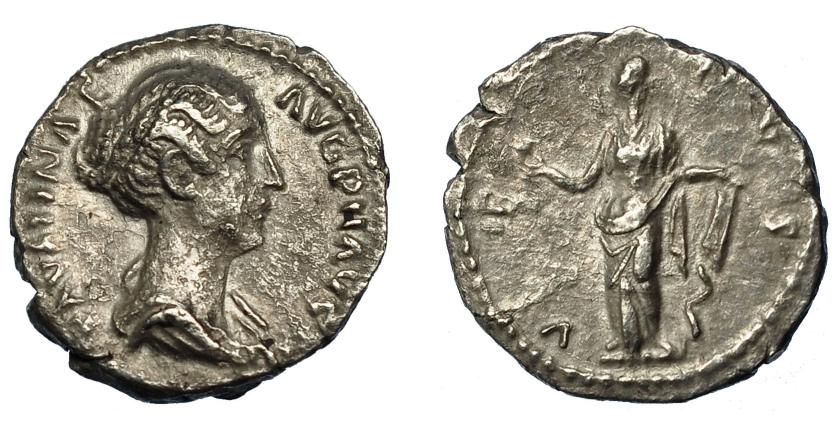 190   -  FAUSTINA LA MENOR. Denario. Roma (161-175). R/ Venus a izq. con manzana y timón; VENVS. AR 2,69 g. 17,9 mm. RIC-515B. Erosiones. MBC.