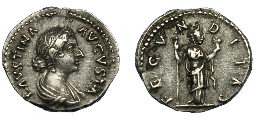 191   -  FAUSTINA LA MENOR. Denario. Roma (161-175). R/ Fecunditas con cetro y niño; FECVNDITAS. AR 3,18 g. 18,2 mm. RIC-677. MBC.