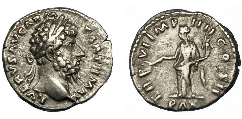 194   -  LUCIO VERO (bajo Marco Aurelio). Denario. Roma (166). R/ Pax a izq. con rama de olivo y cornucopia; TR P VI IMP IIII COS II/ PAX. AR 3,27 g. 18,6 mm. RIC-561. MBC/MBC-.