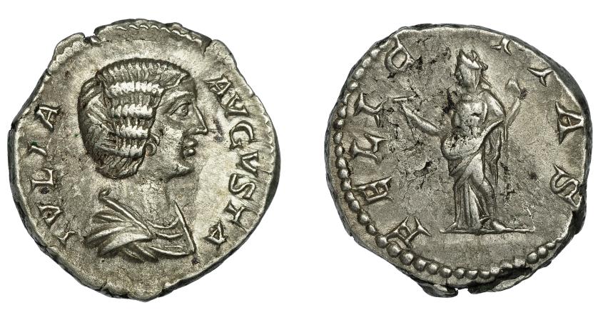 201   -  JULIA DOMNA. Denario. Roma (196-211). R/ Felicitas a izq. con caduceo y cetro; FELICITAS. AE 3,57 g. 17,5 mm. RIC-551. Hojitas en rev. MBC+/MBC.