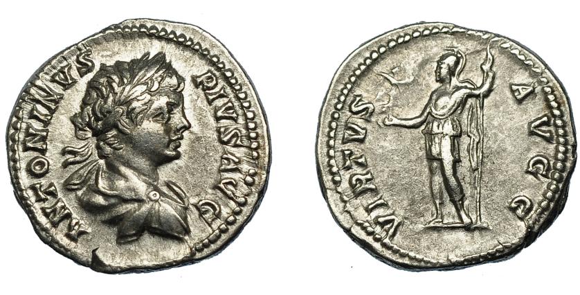 202   -  CARACALLA. Denario. Roma (201-210). R/ Virtus a izq. con victoria y lanza; VIRTVS AVGG. AR 3,53 g. 19 mm. RIC-149a. MBC+/MBC.