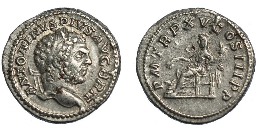 203   -  CARACALLA. Denario. Roma (212). R/ Annona sentada a izq. con espigas y cornucopia, delante modio; P M TR P XV COS III. AR 3,24 g. 19 mm. RIC-195. MBC.