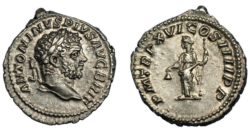 205   -  CARACALLA. Denario. Roma (213). R/ Libertas a izq. con vara y pileus; P M TR P XVI COS III P P. AR 2,93 g. 18,8 mm. RIC-209a. EBC-.