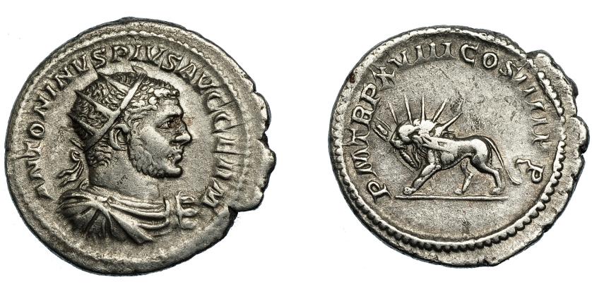 211   -  CARACALLA. Antoniniano. Roma (215). R/ León radiado a izq. con rayos en sus fauces; P M TR P XVIIII COS IIII P P. AR 5,02 g. 23,9 mm. RIC-273D. MBC.