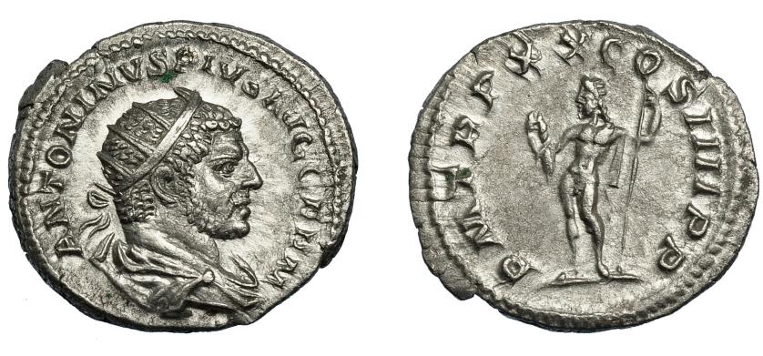 214   -  CARACALLA. Antoniniano. Roma (217). R/ Júpiter a izq. con cetro y rayos; P M TR P XX COS IIII P P. AR 4,38 g. 22,9 mm. RIC-285D. EBC-/MBC+.