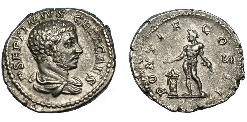 221   -  GETA. Denario. Roma (209). R/ Genio desnudo a izq. con espigas y patera delante de altar; PONTIF COS II. AR 3,32 g. 18,9 mm. RIC-59A. MBC+.