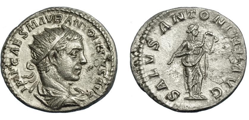 229   -  HELIOGÁBALO. Antoniniano. Roma (218-222). R/ Salus a der. alimentando serpiente en sus brazos; SALVS ANTONINI AVG. VE 3,88 g. 20,7 mm. RIC-138e. Rugosidades. MBC+.