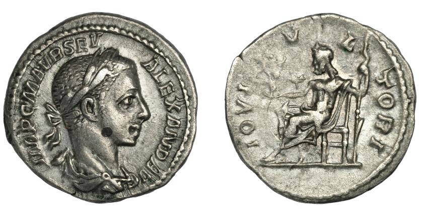 235   -  ALEJANDOR SEVERO. Denario. Roma (222-228). R/ Júpiter entronizado a izq. Con Victoria y cetro; IOVI VLTORI. AR 2,77 g. 18,6 mm. RIC-144. MBC/MBC-.