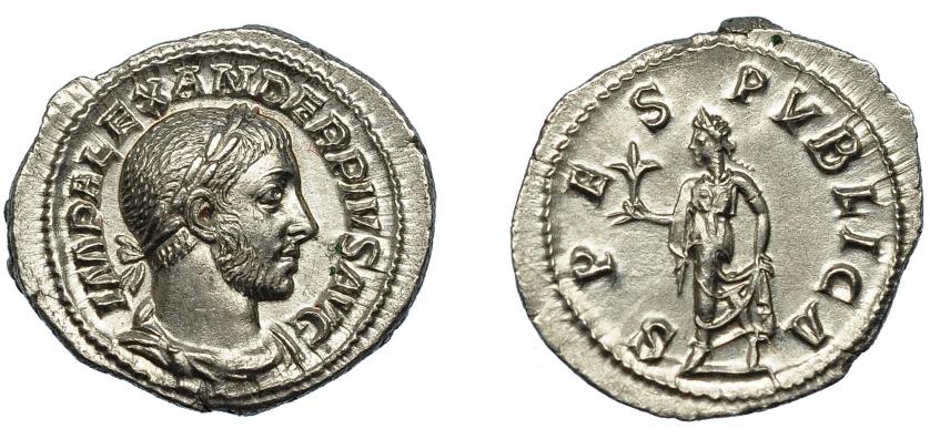 238   -  ALEJANDRO SEVERO. Denario. Roma (231-235). R/ Spes a izq. con flor y levantándose el vestido; SPES PVBLICA. AR 2,89 g. 20,4 mm. RIC-254d. EBC+.