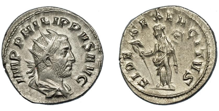 254   -  FILIPO I. Antoniniano. Roma (247-249). R/ Fides a izq. con vexillum y estandarte; FIDES EXERCITVS. AR 3,92 g. 21,4 mm. RIC-61. MBC/MBC+.
