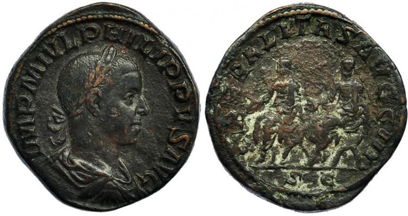 258   -  FILIPO II (bajo Filipo I). Sestercio. Roma (249). A/ Busto laureado, drapeado y con coraza a der.; IMP M IVL PHILIPPVS AVG. R/ Filipo I y Filipo II sentados en sillas curules a izq. LIBERALITAS AVGG. III.; en ex. S.C. RIC-267a. CH-18. Erosiones en rev. MBC/MBC-.