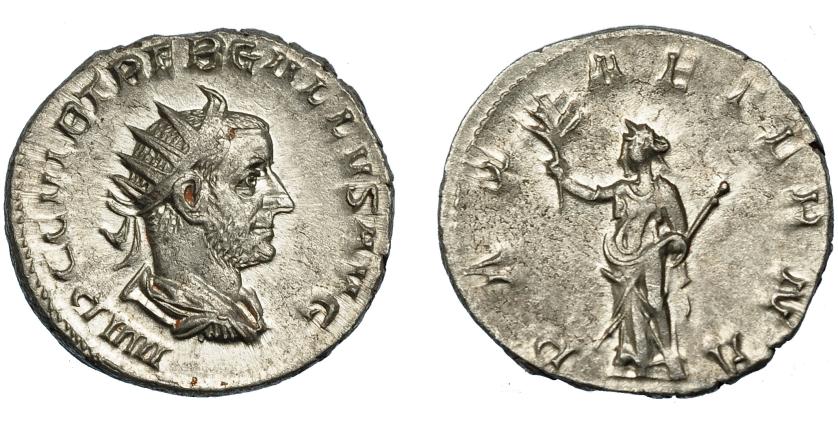 266   -  TREBONIANO GALO. Antoniniano. Mediolanum (251-253). R/ Pax a izq. con rama y cetro; PAX AETERNA. AR 4,27 g. 21,4 mm. RIC-71. EBC-.