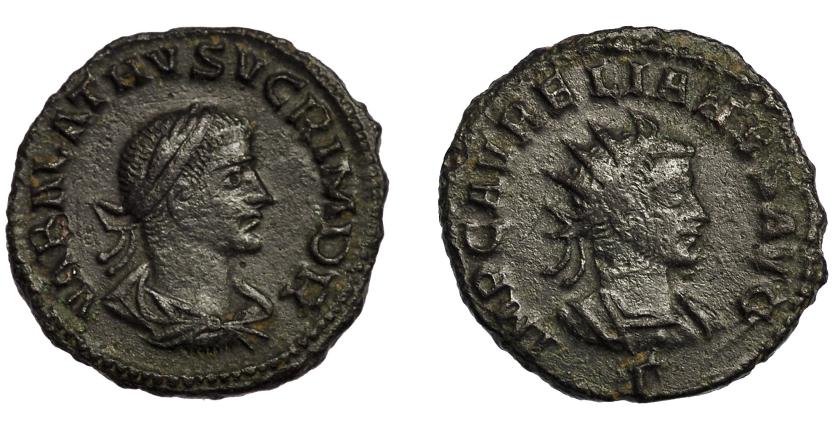 272   -  AURELIANO Y VABALATO. Antoniniano. Antioquía (270-275). A/ Busto radiado de Aureliano. R/ busto laureado de Vabalato. VE 3,10 g. 20'1 mm. RIC-381. MBC/MBC-.