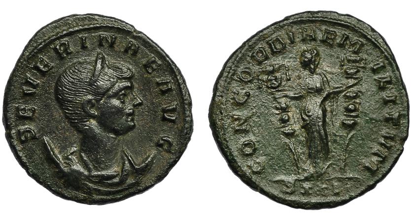 274   -  SEVERINA. Antoniniano. Siscia (270-275). R/ Concordia a izq. con dos estandartes; CONCORDIA MILITVM, exergo SXXI. VE 3,50 g. 21,7 mm. RIC-13. MBC+/MBC-.