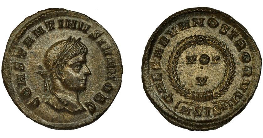 280   -  CONSTANTINO II (como césar). Follis. Siscia (320-321). VOT/V dentro de láurea, exergo ASIS*. VE 3,10 g. 19 mm. RIC-163. EBC+.