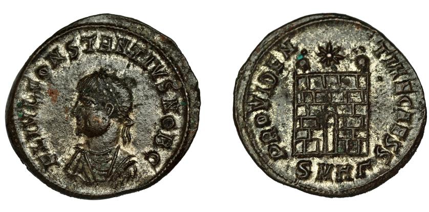 281   -  CONSTANCIO II. Follis reducido. Heraclea (325-326). R/ Puerta de campamento con dos torretas; PROVIDENTIAE CAESS, exergo SMHG (gamma). VE 2,93 g. 19,1 mm. RIC-78. R.P.O. MBC+.